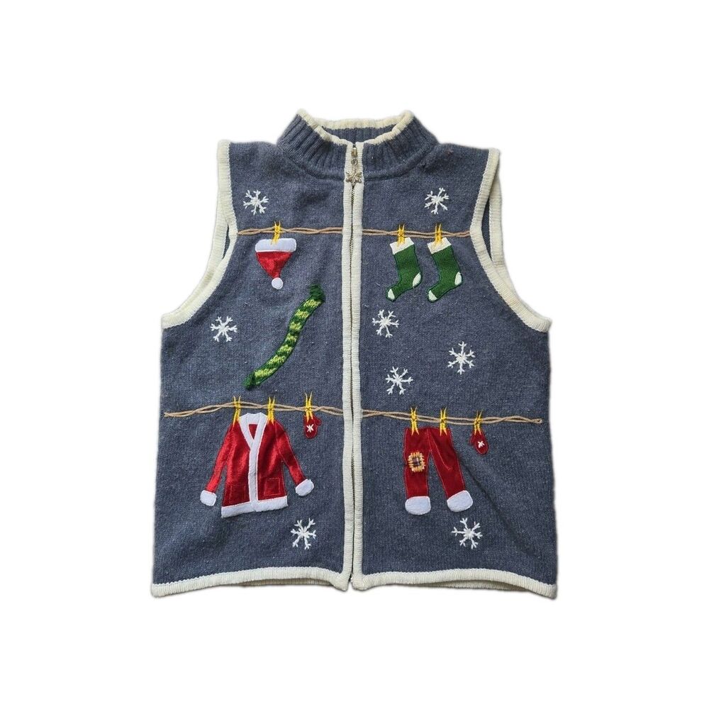 Mercer Street Studio Wool Blend Christmas Sweater Vest Zip Up Snowflake Santa S
